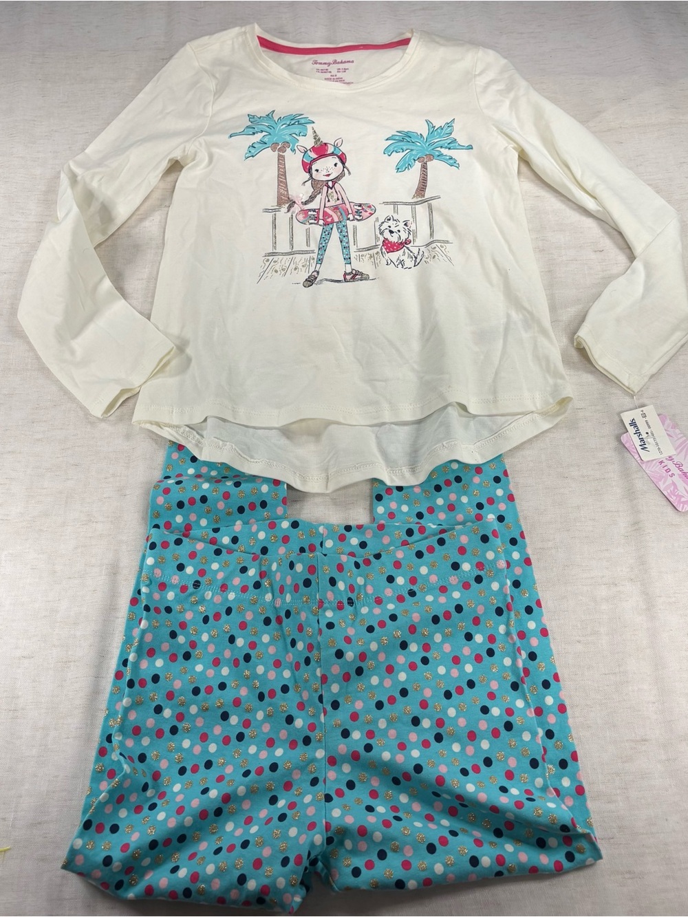 Tommy Bahama Girls Cream Long-Sleeve Top and Teal Polka Dot Legging Set